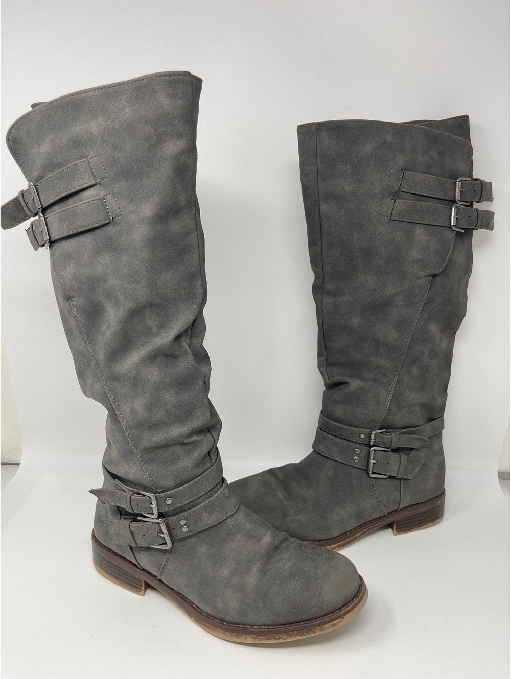 Women's Gray Tall Knee High Riding Boots Slouch Buckle Strap Low Heel Casual